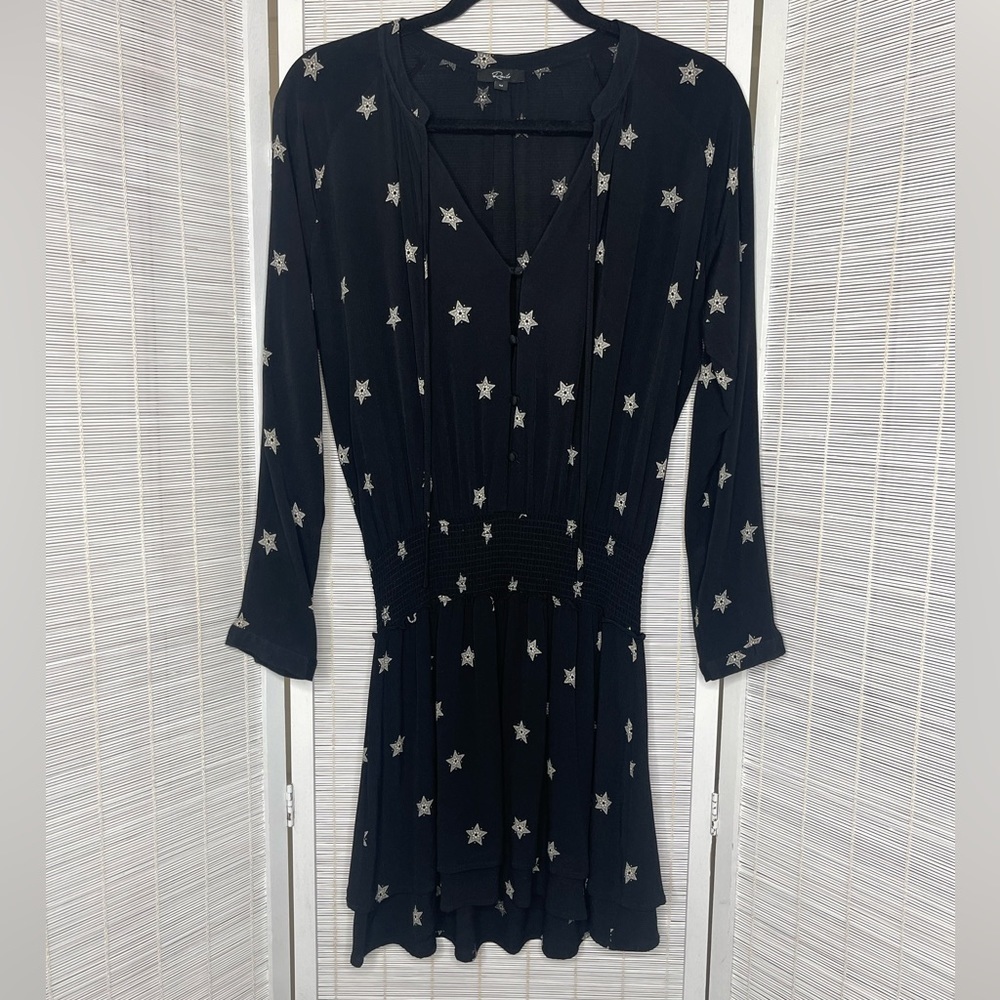 Rails Dress Jasmine Black Star Embroidered Button Front Smocked Waist Size M